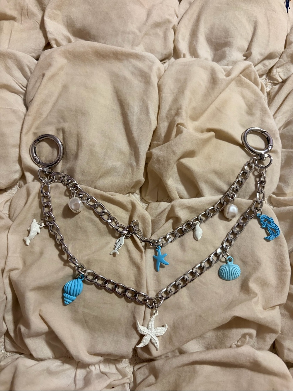 Free People Silver Tone Double Strand Ocean Mermaidcore Multi-Charm Bag Chain St